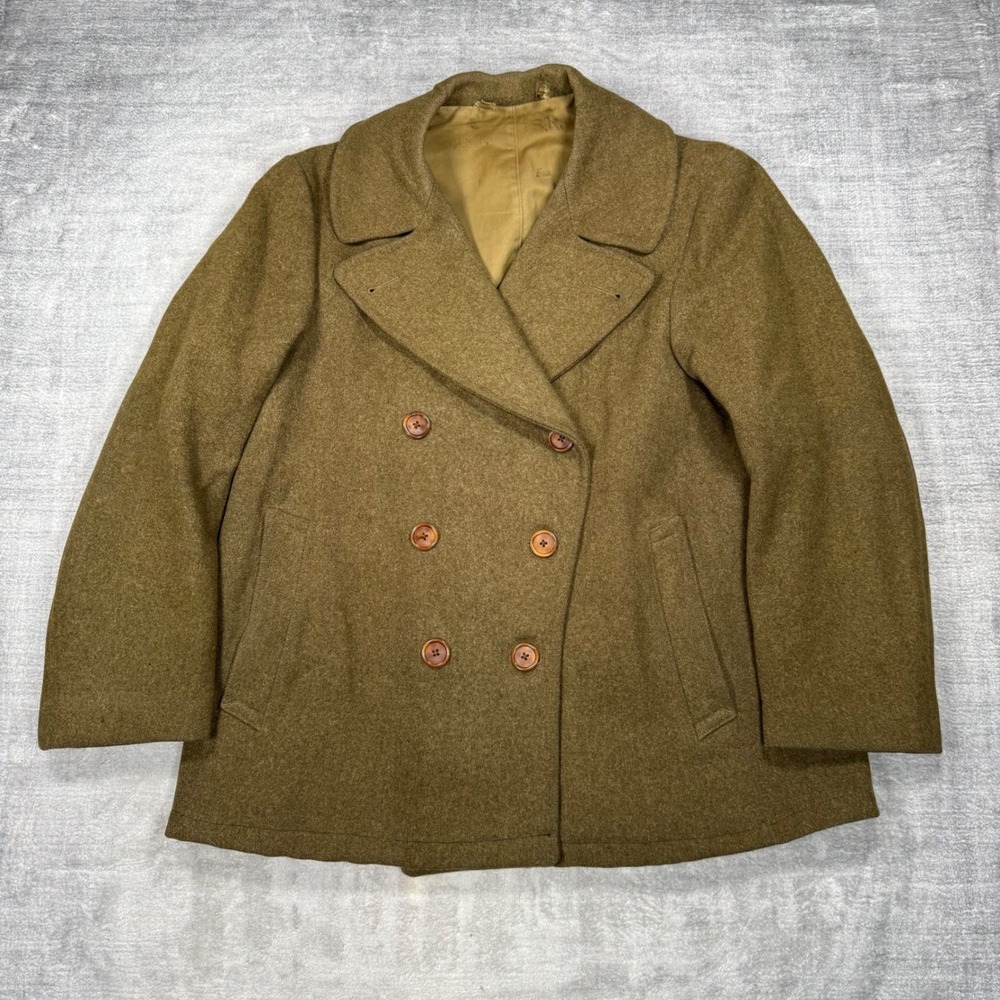 Vintage Military Jacket Mens XL Green 1940s Wool Double Breasted Pea Over Coat